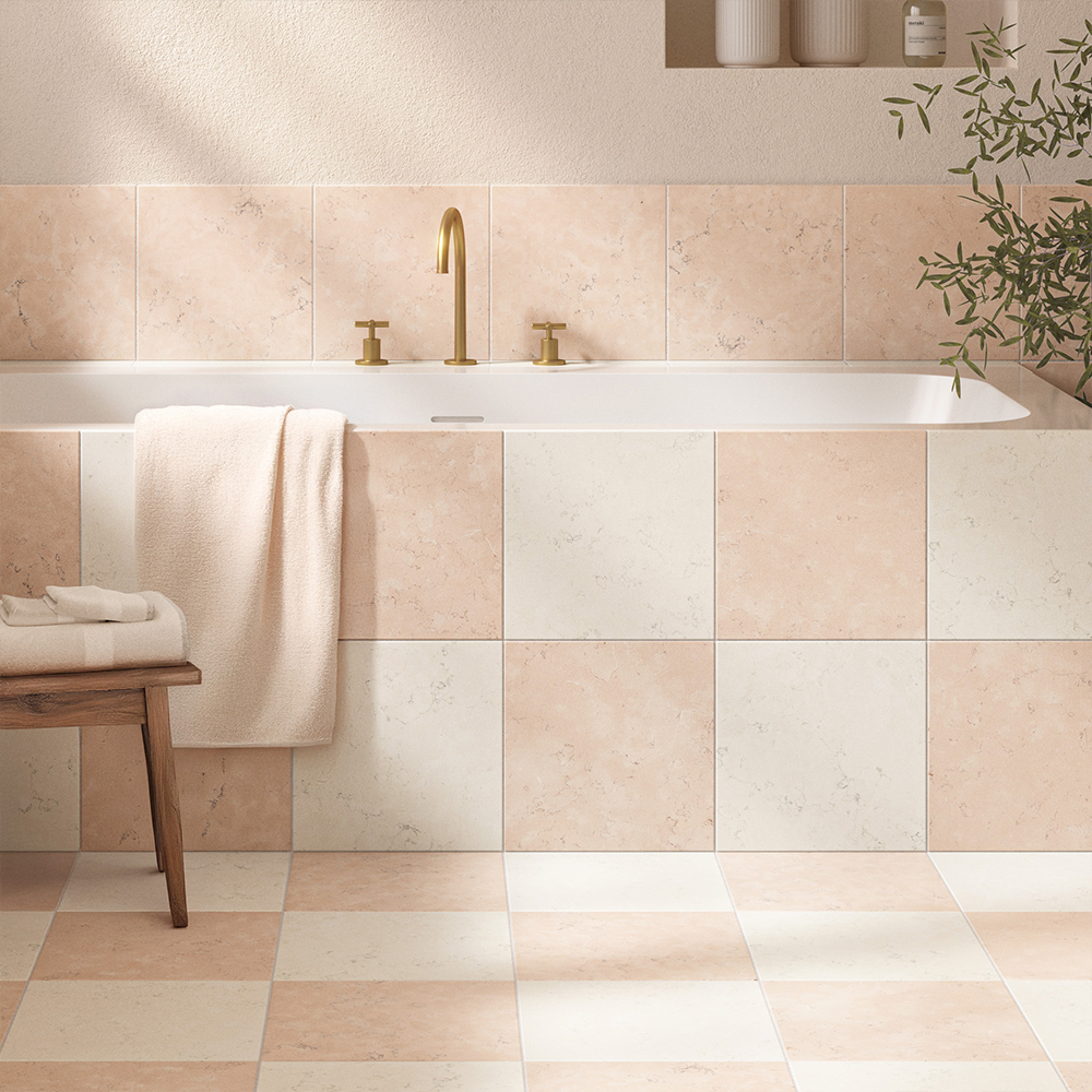 Pink and white bathroom checkerboard tiles